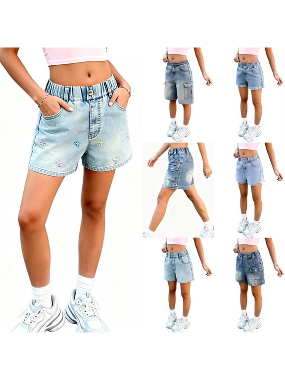 Girls Shorts Elastic High Waisted Stretchy Jean Shorts Casual Summer Ripped Frayed Distressed Denim Shorts Raw Hem Junior Shorts Jeans Hot Short Jeans Plus Size Under 10 for Girls 5-15 T