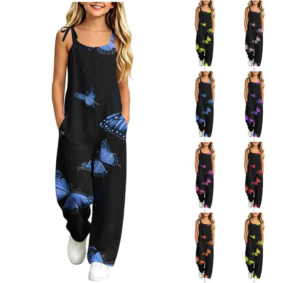 Taqqpue Girls Sleeveless Jumpsuit Spaghetti Strap Wide Leg Romper with Side Pockets Gradient Print Casual Summer Outfit Clothes for Girls Kids Size 5-16 Years