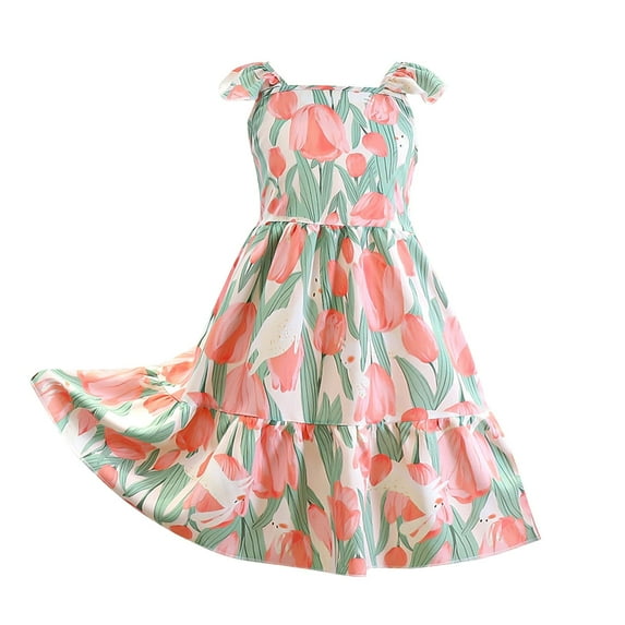 Taqqpue Girls Summer Dresses Ruffle Square Neck Smocked Sleeveless Midi Sundresses Casual Aline Flowy Tiered Boho Beach Dress for Girls 4-11Y