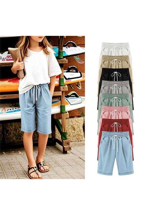 Girls Summer Shorts Elastic Waist Knee Length Bermuda Shorts Casual Loose Comfy Drawstring Workout Shorts Pockets Cotton Linen Capri Pants foir Kids 3-13Y
