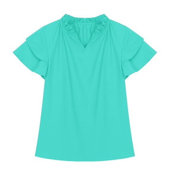 Taqqpue Girls Summer Tops Ruffle Short Sleeve T Shirts Casual V Neck Chiffon Loose Fit Blouse Cute Summer Solid Color Tops