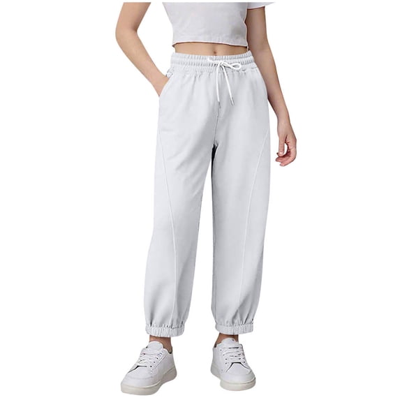 Taqqpue Girls Sweatpants Casual Solid Color Athletic Drawstring Elastic High Waisted Joggers Pants Fall Winter Wide Leg Pants Long Trousers with Pockets for Kids 4-15 Years