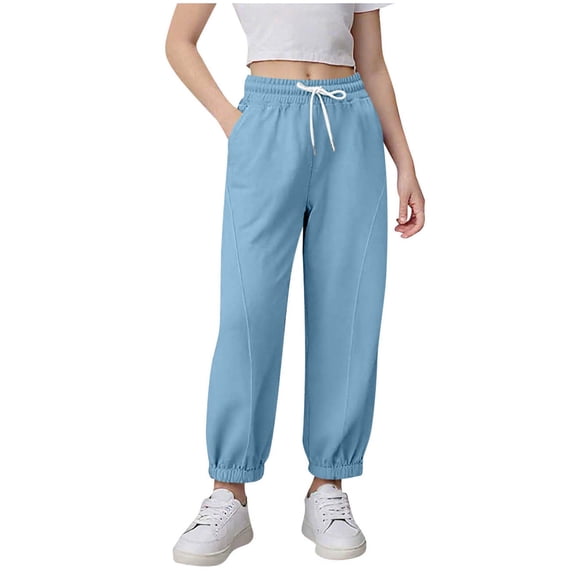 Taqqpue Girls Sweatpants Casual Solid Color Athletic Drawstring Elastic High Waisted Joggers Pants Fall Winter Wide Leg Pants Long Trousers with Pockets for Kids 4-15 Years