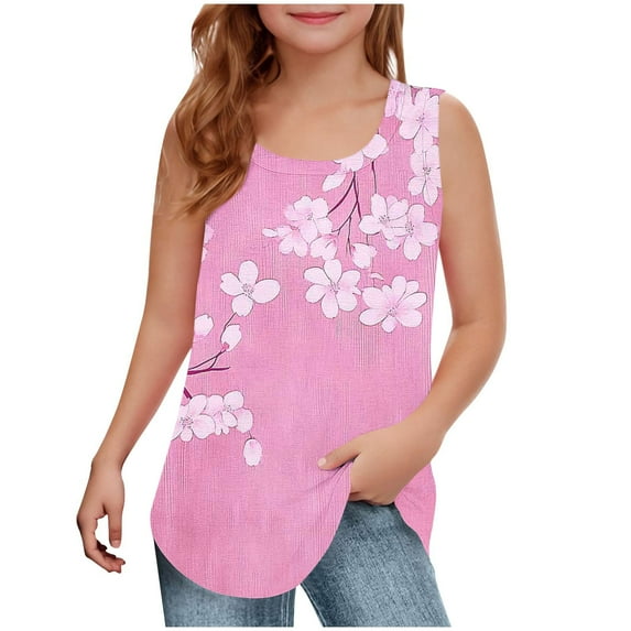 Taqqpue Girls Tank Tops Kids Summer Crewneck Neck Sleeveless Shirts Casual Cute Floral Printed T Shirts 5-14 Years