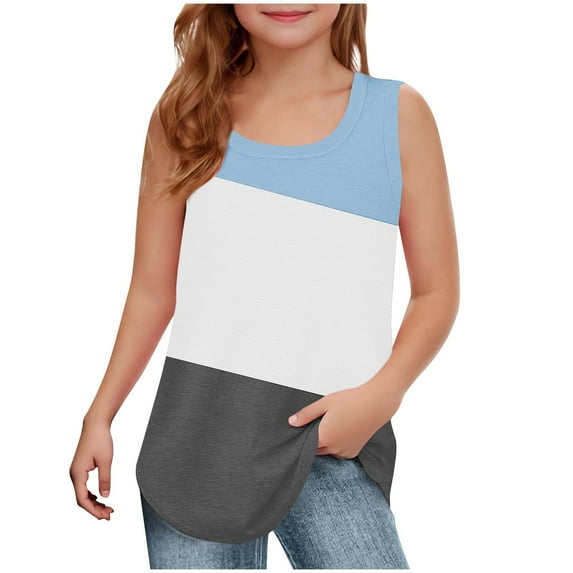 Taqqpue Girls Tank Tops Soft Cotton Crewneck Sleeveless Athletic Undershirt Lightweight Hem Loose Fit Cute Summer Top Dancewear Color Block Wide Strap Comfortable Racerback Tank 5-14 Years