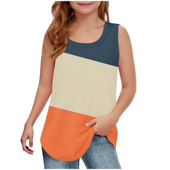 Taqqpue Girls Tank Tops Soft Cotton Crewneck Sleeveless Athletic Undershirt Lightweight Hem Loose Fit Cute Summer Top Dancewear Color Block Wide Strap Comfortable Racerback Tank 5-14 Years