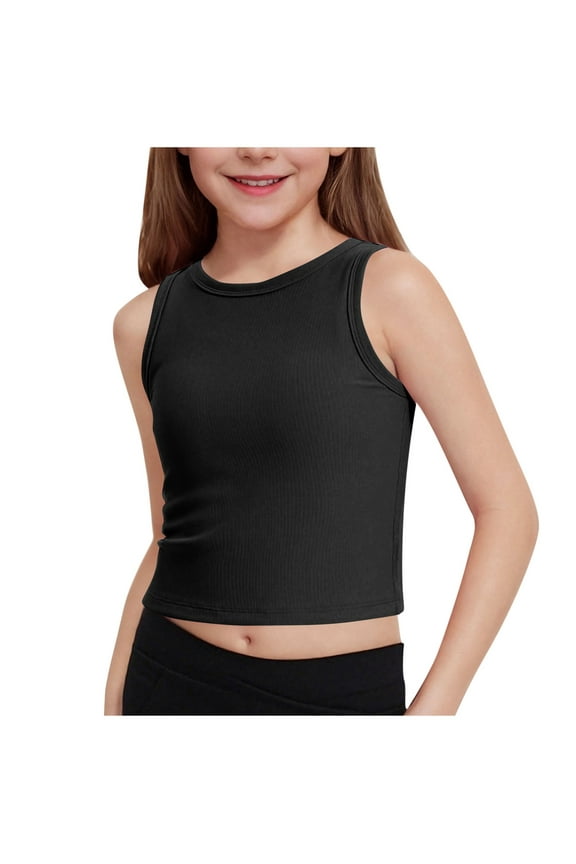 Girls Tank Tops Soft Cotton Crewneck Sleeveless Athletic Undershirt Lightweight Hem Loose Fit Cute Summer Top Dancewear Solid Wide Strap Comfortable Racerback Tank 5-15 Years