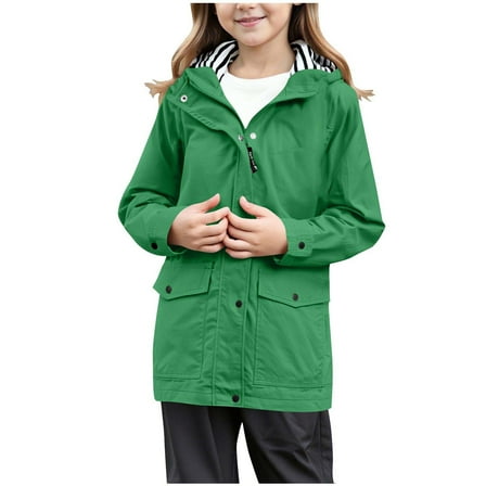 Taqqpue Girls Waterproof Raincoat Solid Color Lightweight Rain Jacket Trench Coat Hooded Windbreaker with Pockets for Outdoor 5-16Y