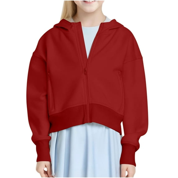 Taqqpue Girls Zip Up Cropped Hoodies Teen Casual Long Sleeve Full-Zip Sweatshirts Jackets Sport Solid Color Hooded Outwears with Pockets for Girls