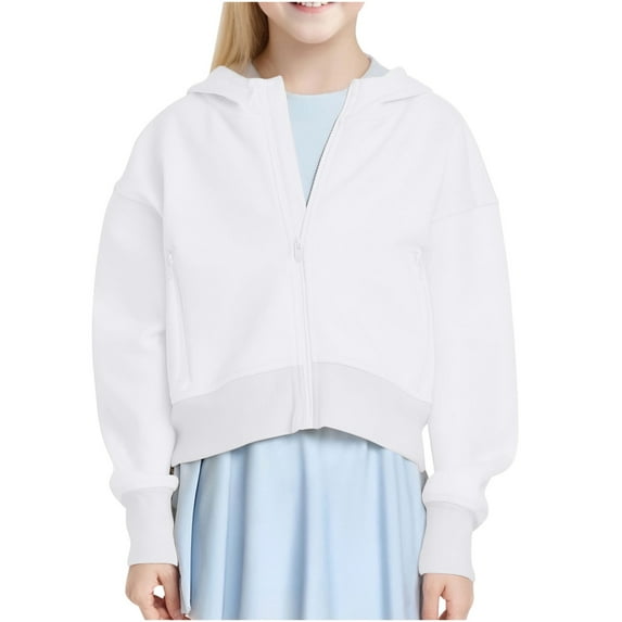 Taqqpue Girls Zip Up Cropped Hoodies Teen Casual Long Sleeve Full-Zip Sweatshirts Jackets Sport Solid Color Hooded Outwears with Pockets for Girls