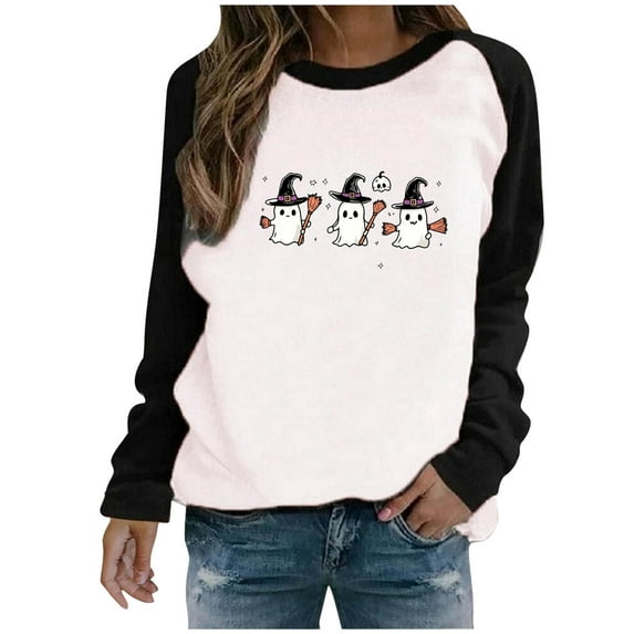 Taqqpue Halloween Ghost Sweatshirt for Women Casual Spooky Long Sleeve Shirts Fall Winter T Shirts Loose Fit Crewneck Halloween Pullover Top