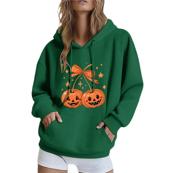Taqqpue Halloween Hoodies for Women Casual Pumpkin Face Printed Drawstring Hooded Sweatshirt Fall Winter Long Sleeve Tops Loose Fit Y2K Oversized Hoodie Pullover with Pockets