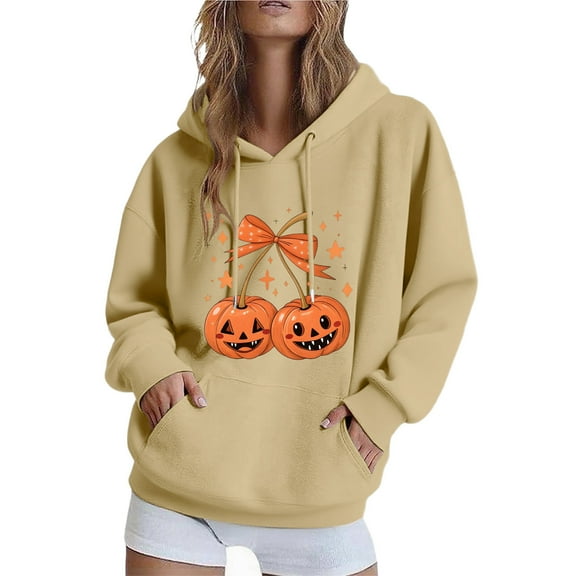 Taqqpue Halloween Hoodies for Women Casual Pumpkin Face Printed Drawstring Hooded Sweatshirt Fall Winter Long Sleeve Tops Loose Fit Y2K Oversized Hoodie Pullover with Pockets