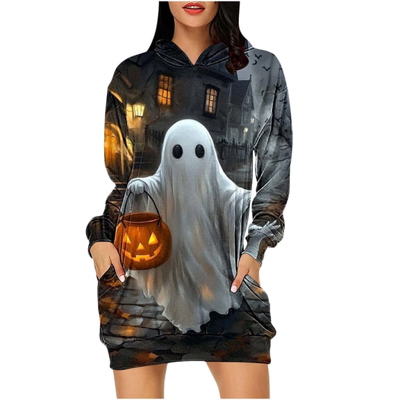 Taqqpue Halloween Print Hoodie Dress for Women Fashion Ghost Pumpkin Witch Mini Dresses Long Sleeve Outfit Cosplay Party Dress with Pockets