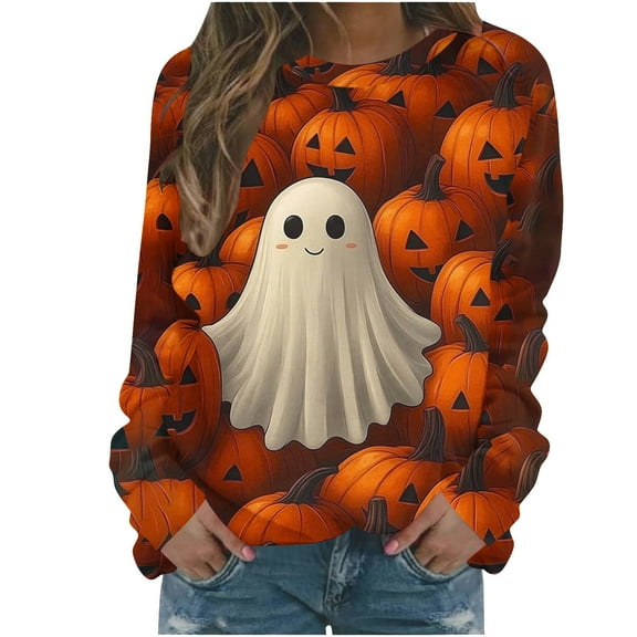 Taqqpue Halloween Shirts for Women Casual Crew Neck Long Sleeve Fall T Shirts Business Dressy Halloween Printed Blouse Tops