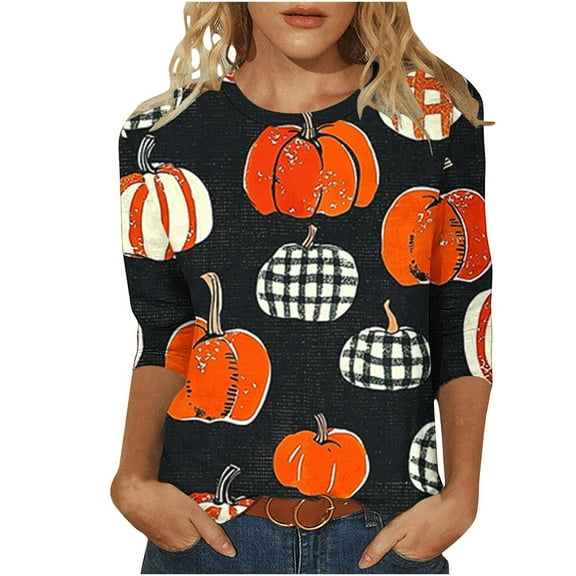 Taqqpue Halloween Shirts for Women Long Sleeve Fall Casual Crew Neck Blouses Tops Business Dressy Floral Printed 3/4 Length Sleeve T Shirts
