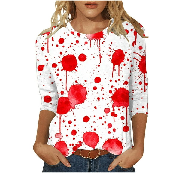 Taqqpue Halloween Shirts for Women Long Sleeve Fall Casual Crew Neck Blouses Tops Business Dressy Floral Printed 3/4 Length Sleeve T Shirts