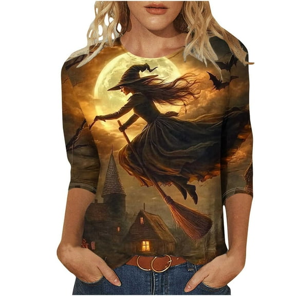 Taqqpue Halloween Shirts for Women Long Sleeve Fall Casual Crew Neck Blouses Tops Dressy Printed 3/4 Length Sleeve T Shirts