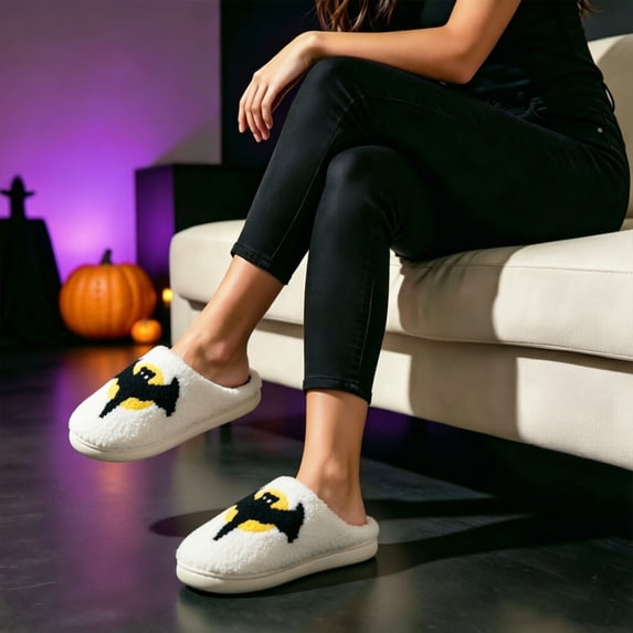 Taqqpue Halloween Slippers for Women Perfect Soft Plush Comfy Warm Slip-On Cute Womens Slippers Indoor Fluffy House Slippers for Women and Men Non-slip Fuzzy Flat Slides Winter Closed Toe Slippers