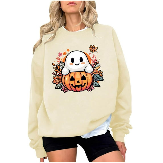 Taqqpue Halloween Sweatshirt for Women Casual Ghost Printed Crew Neck Oversized Sweatshirts Fall Long Sleeve Crew Neck Pullover Tops for Women