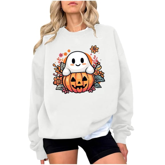 Taqqpue Halloween Sweatshirt for Women Casual Ghost Printed Crew Neck Oversized Sweatshirts Fall Long Sleeve Crew Neck Pullover Tops for Women