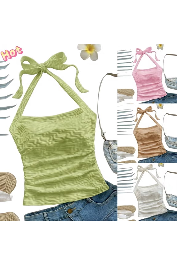 Halter Tops for Women Backless Lining Sleeveless Y2k Tie Back Tank Top Beach Vacation T Shirts Summer Solid Color Crop Cami Tops S-XL