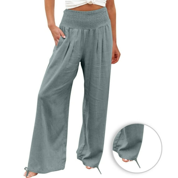 Taqqpue High Waist Wide Leg Pants for Women Elastic Waist Linen Palazzo Pants Loose Flowy Boho Beach Pants Casual Solid Lounge Pant Trousers with Pockets