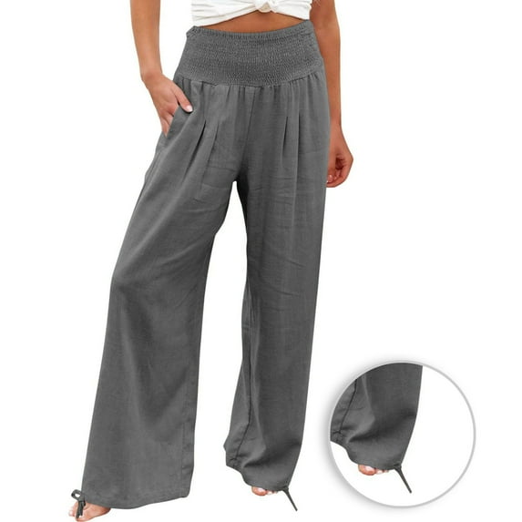 Taqqpue High Waist Wide Leg Pants for Women Elastic Waist Linen Palazzo Pants Loose Flowy Boho Beach Pants Casual Solid Lounge Pant Trousers with Pockets