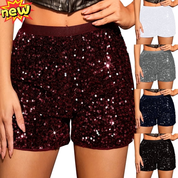 Taqqpue High Waisted Sequin Shorts for Women Solid Color Elastic Straight Leg Hot Pants Sexy Sparkly Glitter Clubwear Party Rave Shorts