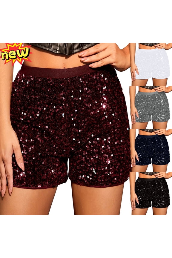 High Waisted Sequin Shorts for Women Solid Color Elastic Straight Leg Hot Pants Sparkly Glitter Clubwear Party Rave Shorts
