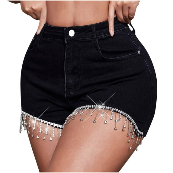 Taqqpue High Waisted Stretchy Jean Shorts for Women,Casual Summer Frayed Distressed Denim Shorts Chain Tassels Hem Junior Shorts Jeans Hot Short Jeans