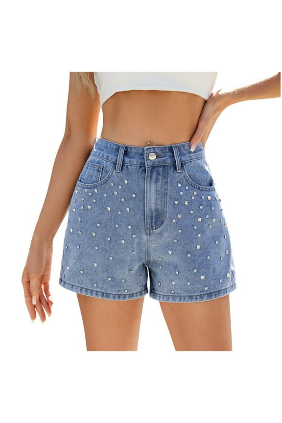 High Waisted Stretchy Jean Shorts for Women,Casual Rhinestone Denim Summer Studded Shorts Junior Shorts Jeans Hot Short Jeans
