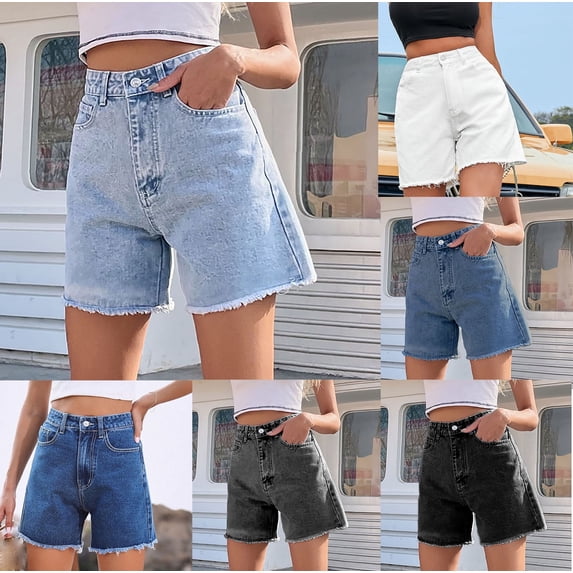 Taqqpue High Waisted Stretchy Jean Shorts for Women,Casual Summer Frayed Distressed Denim Shorts Raw Hem Junior Shorts Jeans Pockets Short Jeans