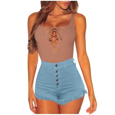 Taqqpue High Waisted Stretchy Jean Shorts for Women,Casual Summer Solid Color Button Down Denim Shorts Raw Hem Junior Shorts Jeans Hot Short Jeans
