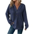 thumbnail image 1 of Taqqpue Hoodies for Women Solid Color Waffle Knit Drawstring Button V Neck Long Sleeve Casual Pullover Sweatshirt Fashion Hooded Tops with Pockets, 1 of 7