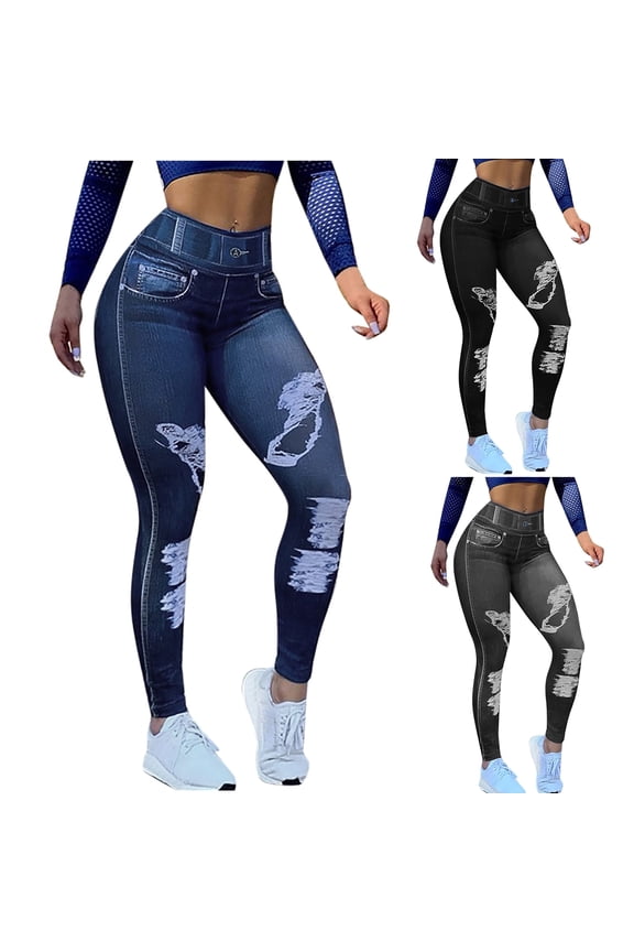 Imitation Denim Leggings for Women Plus Size High Waist Workout Yoga Pants Soft Stretchy Athletic Leggings for Workout Yoga Running S-5XL
