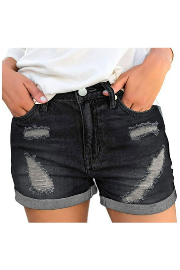 Jean Shorts for Womens High Waisted Stretchy Denim Shorts Casual Summer Ripped Frayed Distressed Hot Short Jeans Folded Hem Junior Shorts Jeans