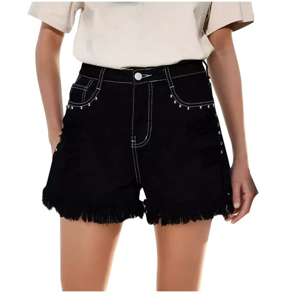 Taqqpue Jean Shorts for Womens Mid Waisted Stretchy Denim Shorts Casual Summer Black Ripped Frayed Distressed Hot Short Jeans Raw Hem Junior Shorts Jeans with Pockets