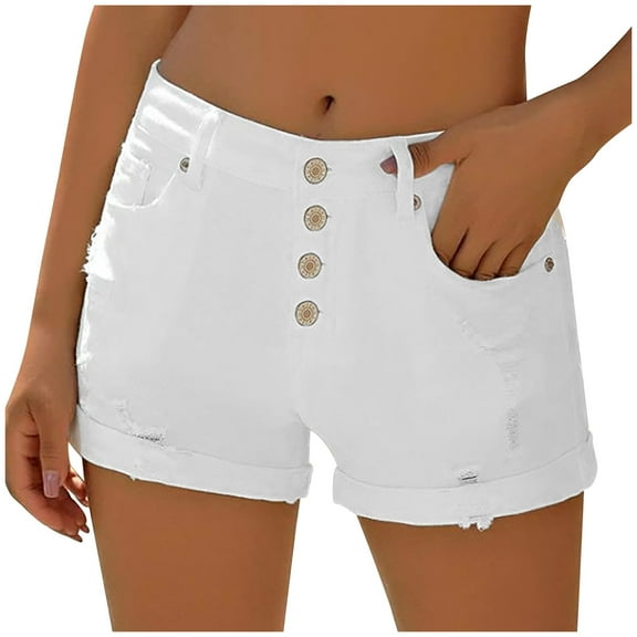 Taqqpue Jean Shorts for Womens Mid Waisted Stretchy White Denim Shorts Casual Summer Ripped Frayed Distressed Hot Short Jeans Folded Hem Junior Shorts Jeans