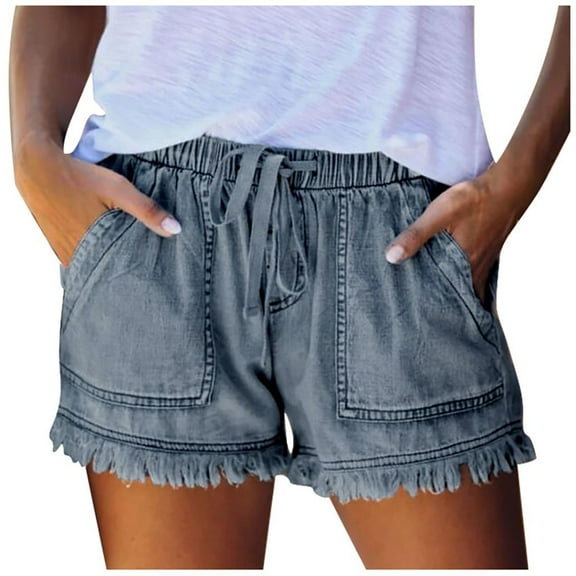 Taqqpue Jean Shorts for Womens High Waisted Stretchy Denim Shorts Casual Summer Drawstring Elastic Waist Hot Short Jeans Raw Hem Junior Shorts Jeans