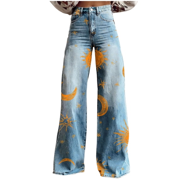 Taqqpue Jeans for Women Floral High Waisted Straight Leg Jeans Loose Fit Cute Printed Imitation Denim Pants Full Length Wide-Leg Denim Pants