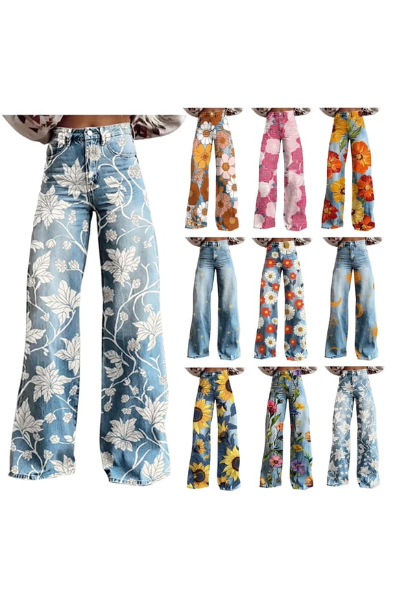 Jeans for Women Floral High Waisted Straight Leg Stretchy Jeans Loose Fit Cute Printed Denim Pants Full Length Wide-Leg Denim Pants