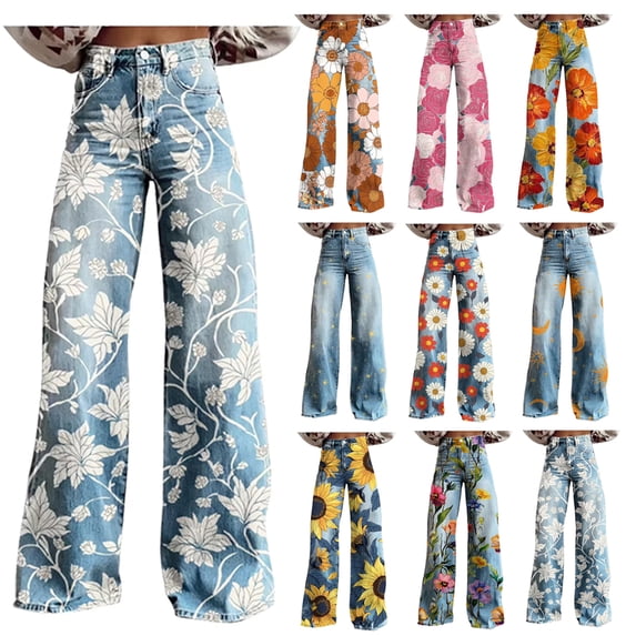 Taqqpue Jeans for Women Floral High Waisted Straight Leg Stretchy Jeans Loose Fit Cute Printed Denim Pants Full Length Wide-Leg Denim Pants