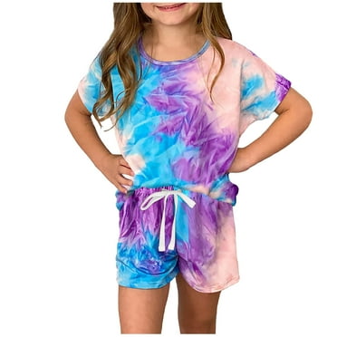 Taqqpue Kid Girls Outfits Sets 2 Piece Tie Dye Summer Casual Short Sleeve Crewneck T Shirts Tops and Elastic Waist Drawstring Shorts Clothes Sets 3-14 Years