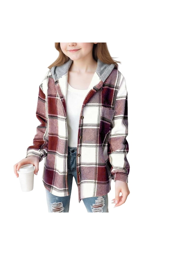 Kids Boys Girls Button Down Shirts Long Sleeve Lightweight Fleece Plaid Hooded Flannel Shirt Cute Hoodies Tops for Kids 4-15 Years