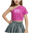 thumbnail image 1 of Taqqpue Kids Girls One-Shoulder Sequins Dance Vest Jazz Hip Hop Stage Performance Short Sleeve Tank Crop Tops Clothes Dancewear 3-16 Years, 1 of 4