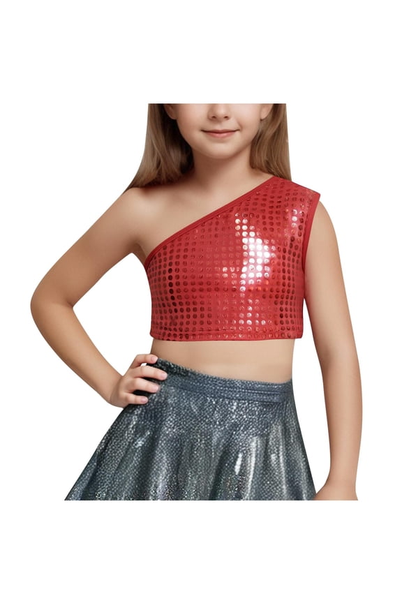 Kids Girls One-Shoulder Sequins Dance Vest Jazz Hip Hop Stage Performance Sleeveless Tank Crop Tops Clothes Dancewear 3-16 Years