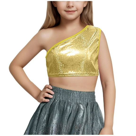 Taqqpue Kids Girls One-Shoulder Sequins Dance Vest Solid Color Jazz Hip Hop Stage Performance Tank Crop Tops Clothes Dancewear for Girls 3-16Y