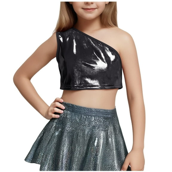 Taqqpue Kids Girls One-Shoulder Sequins Dance Vest Solid Color Jazz Hip Hop Stage Performance Tank Crop Tops Clothes Dancewear for Girls 3-16Y