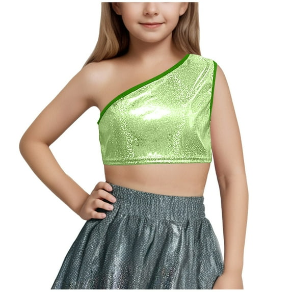 Taqqpue Kids Girls One-Shoulder Sequins Dance Vest Solid Color Jazz Hip Hop Stage Performance Tank Crop Tops Clothes Dancewear for Girls 3-16Y
